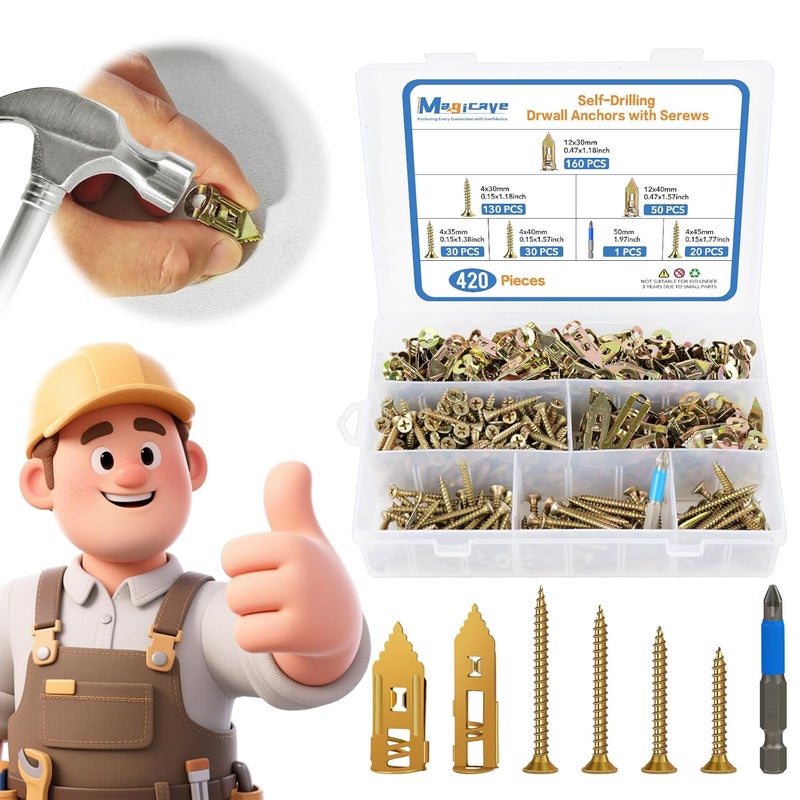 Magicave 420 Pcs Self Drilling Drywall Anchors with Screws Kit, 2 Sizes Drywall Anchors and 4 Sizes Zinc Plated Screws, Holds Up to 100lbs, No Pre-Drill Needed, for TV, Shelf Straps, Picture Frames - Image 1